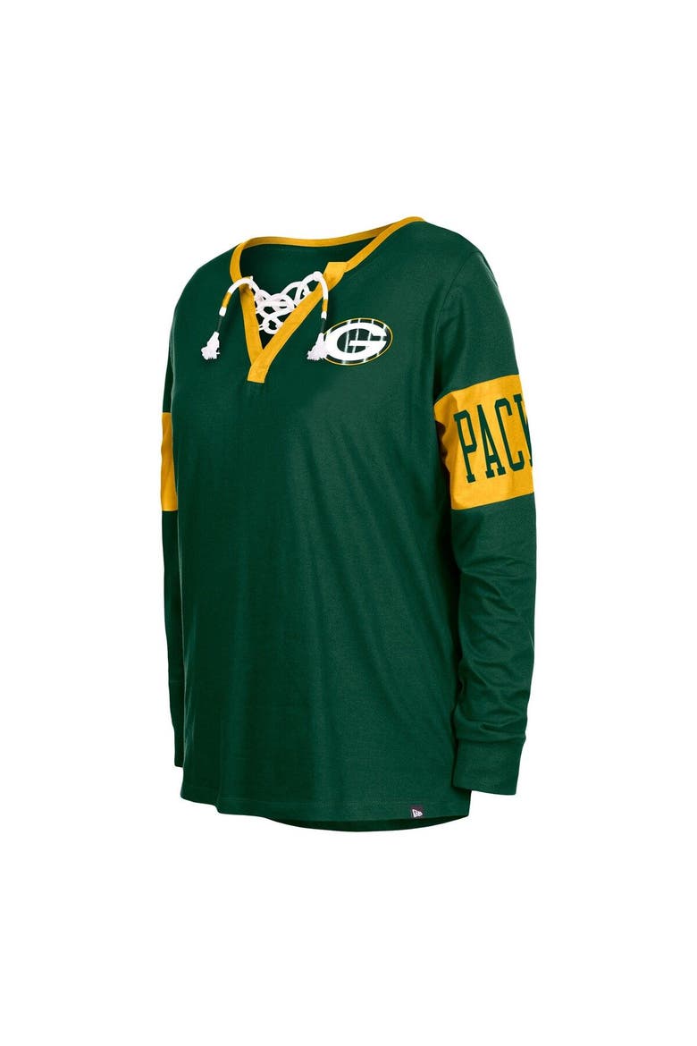Women's New Era Green Green Bay Packers Lace-Up Notch Neck Long Sleeve T-Shirt, Alternate, color, Green