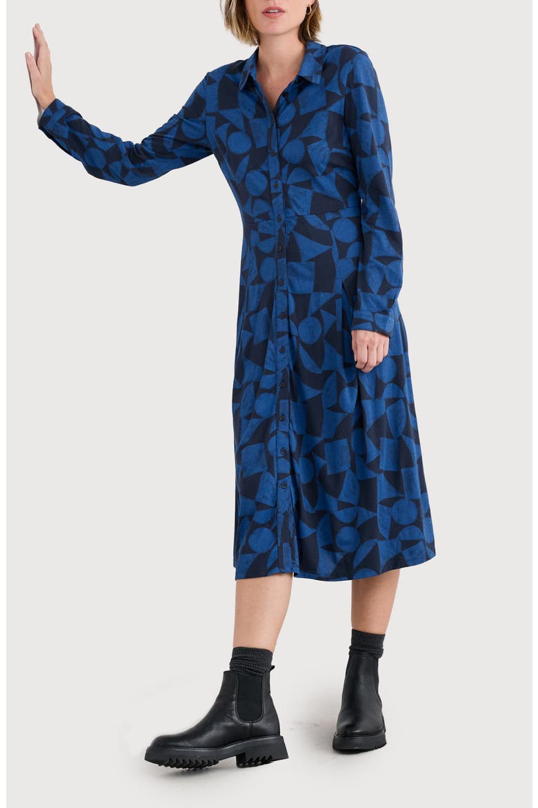 Coastline Long Sleeve Organic Cotton Blend Shirtdress, Main, color, GEO TUMBLE MARITIME