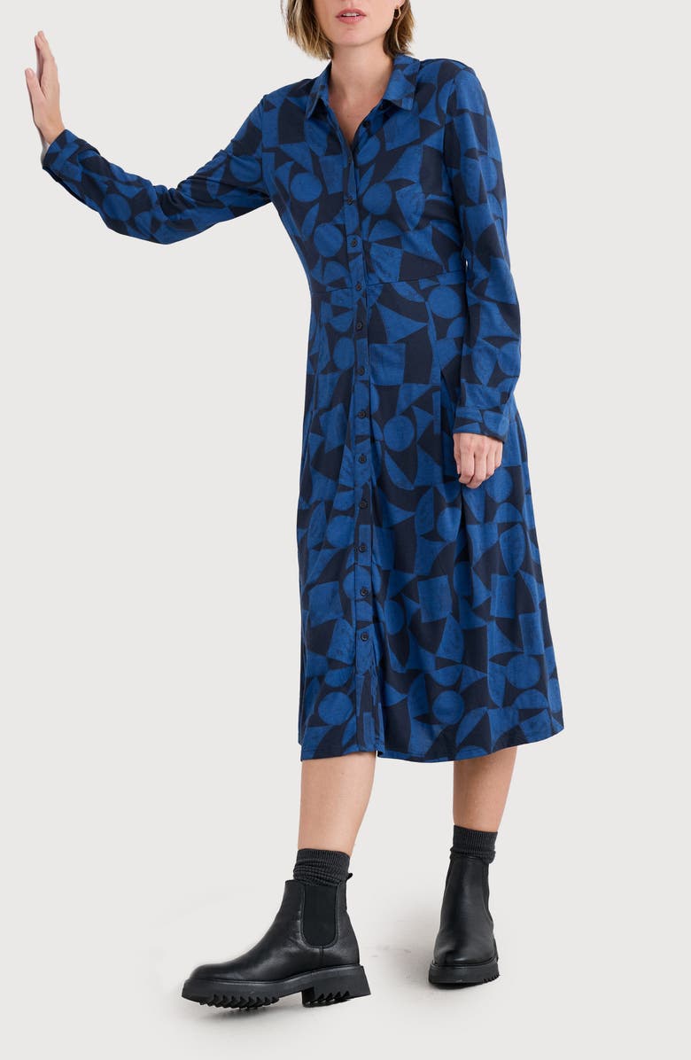 Seasalt Cornwall Coastline Long Sleeve Organic Cotton Blend Shirtdress, Main, color, Geo Tumble Maritime