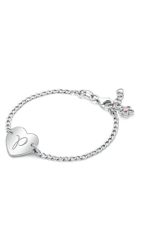 Sterling Silver Lovely Heart ID Bracelet & Engraved Initial 6" Bracelet