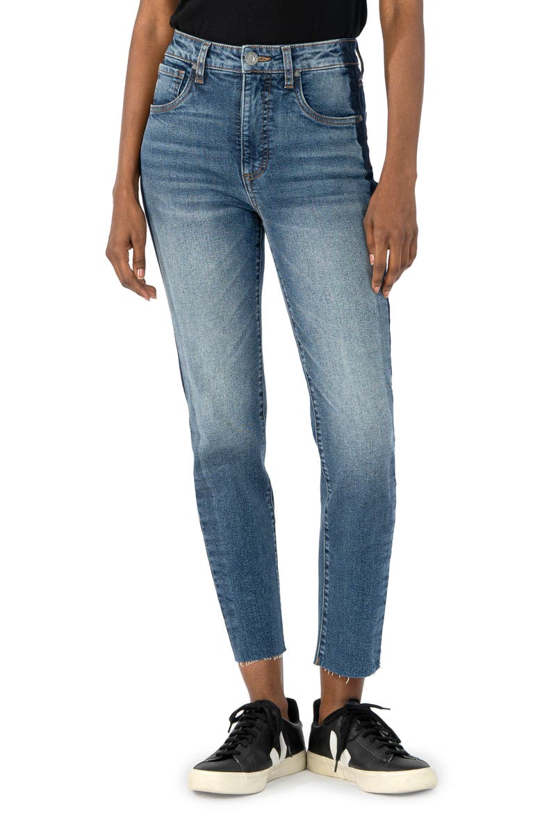 Elizabeth Fab Ab Side Stripe High Waist Raw Hem Straight Leg Jeans, Main, color, DESIGNER