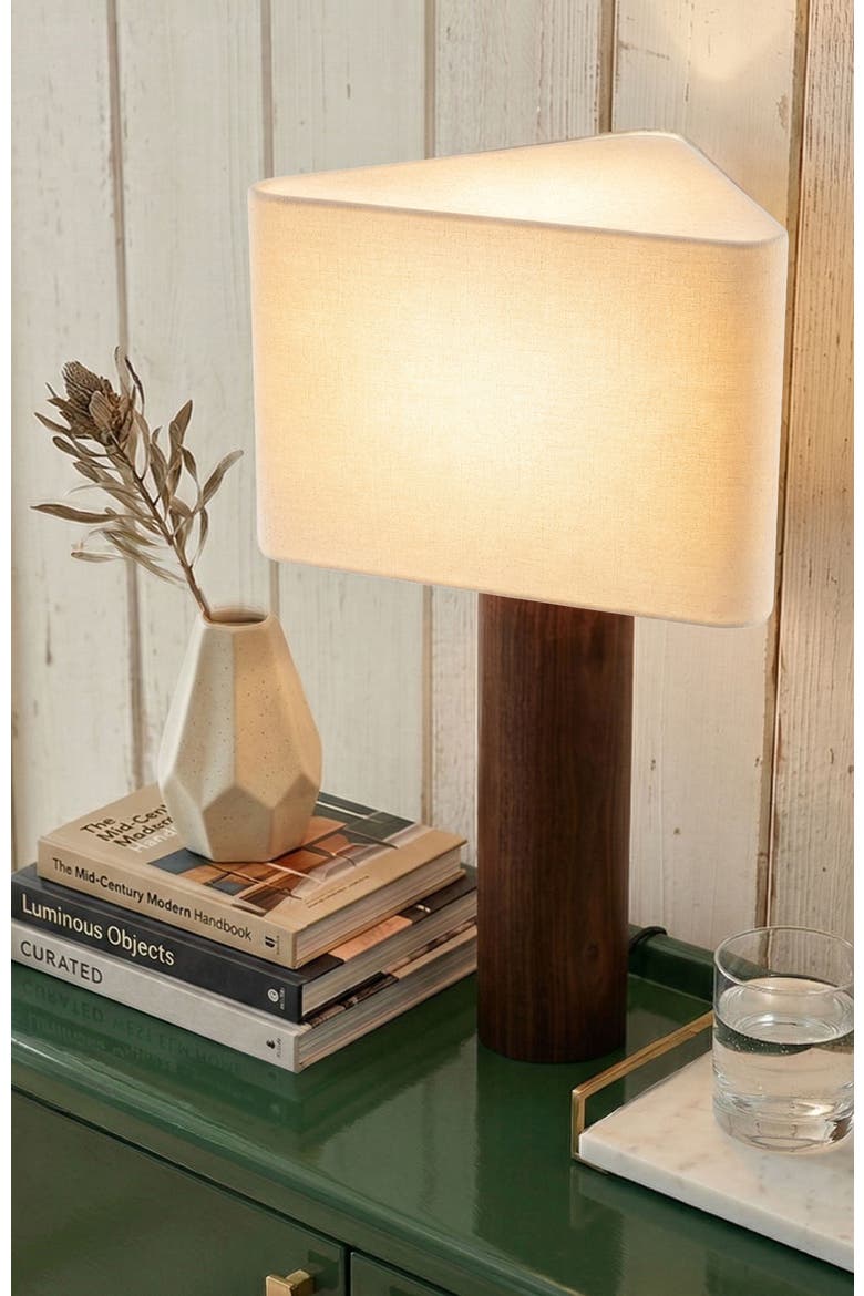 Koa 20" LED Table Lamp with Solid Walnut Wood Base and Triangle Cotton Shade, Alternate, color, Walnut