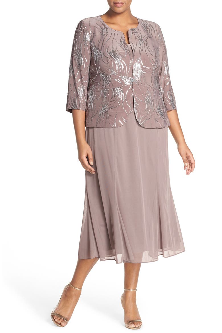 Sequin Mock Two-Piece Dress with Jacket, Main, color, PEWTER FROST