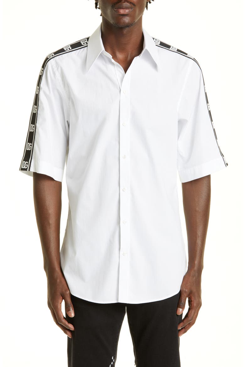 Men's Martini Fit Logo Tape Short Sleeve Button-Up Shirt, Main, color, OPTICAL WHITE