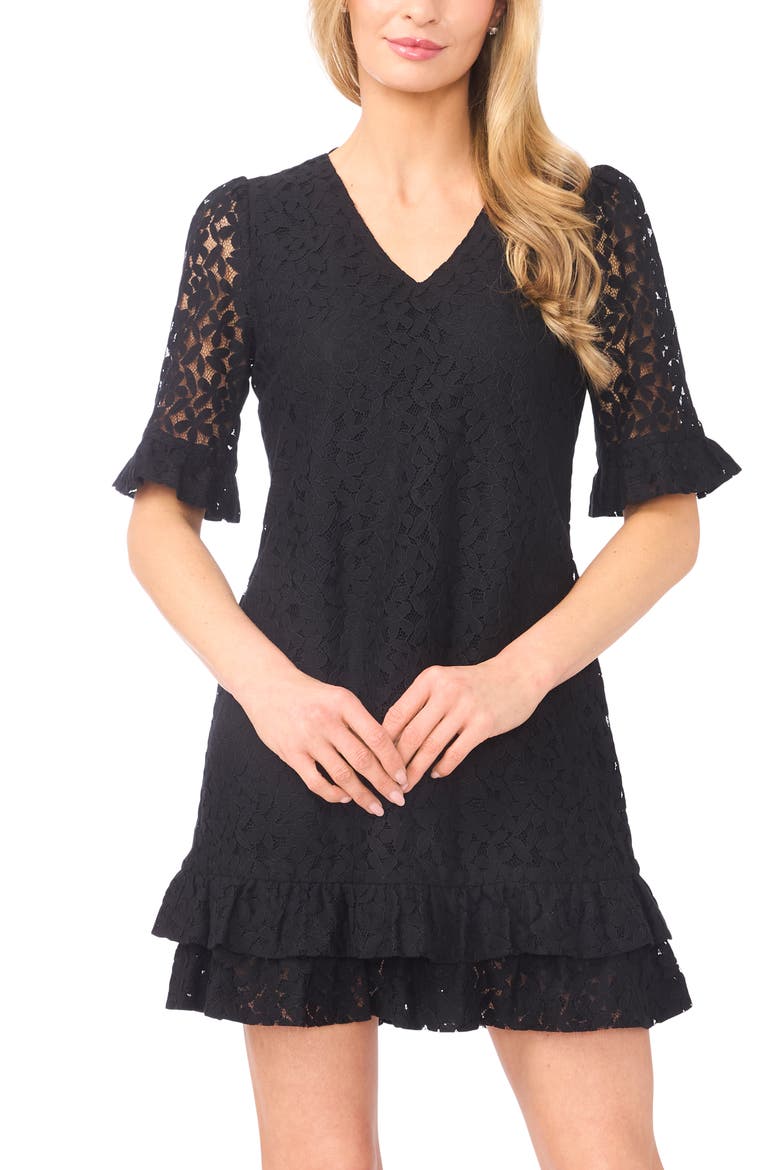 Lace V-Neck Minidress, Alternate, color, RICH BLACK