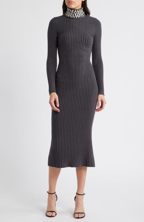 Crystal Neck Long Sleeve Rib Midi Dress
