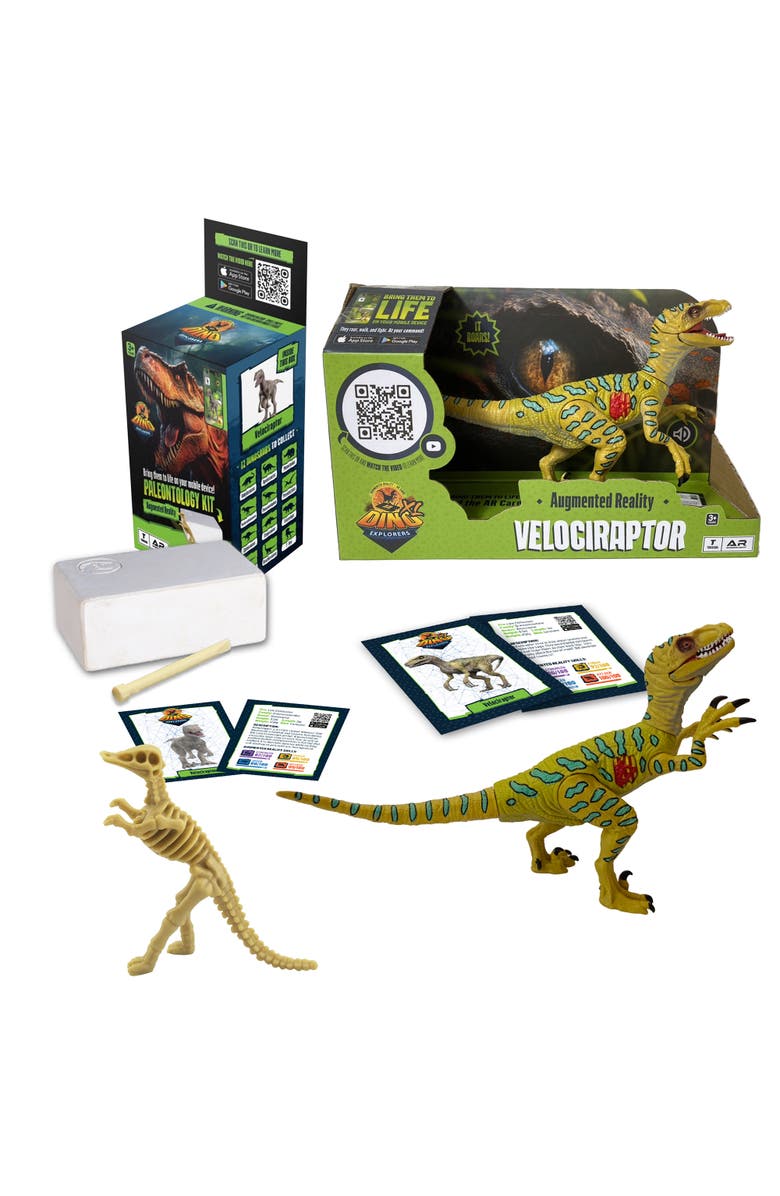 Dino Explorers Ar Dinosaur Xl and Brick Combo, 10" Velociraptor Sound Figure, Main, color, Multicolored
