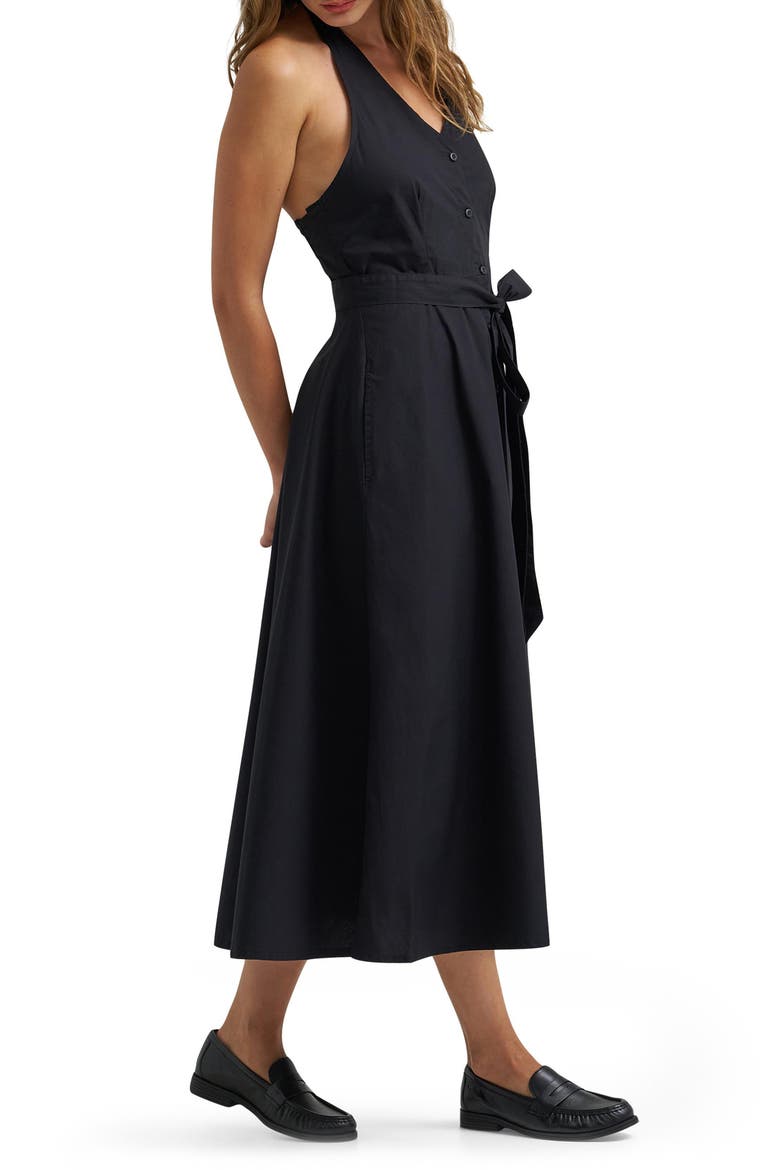 Button Front Cotton Halter Midi Dress, Alternate, color, BLACK