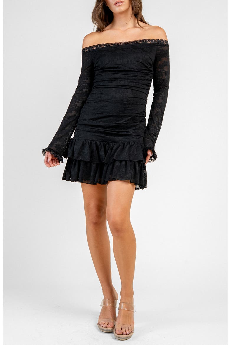 Off the Shoulder Long Sleeve Stretch Lace Minidress, Main, color, BLACK