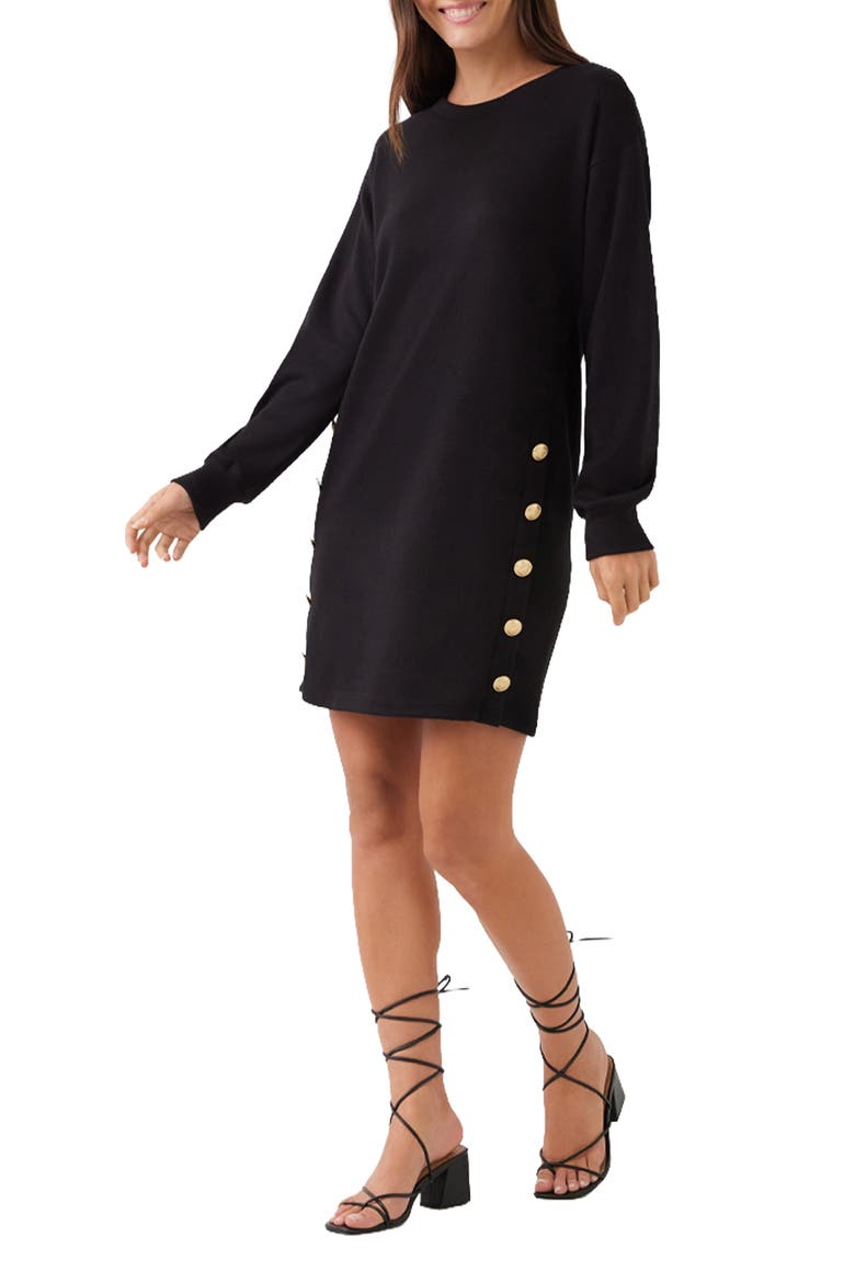 Button Detail Crewneck Long Sleeve Dress, Alternate, color, BLACK