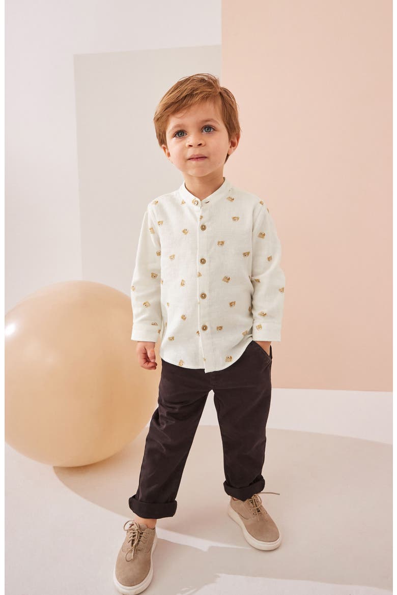 Kids' Bear Print Cotton Button-Up Shirt, Alternate, color, WHITE