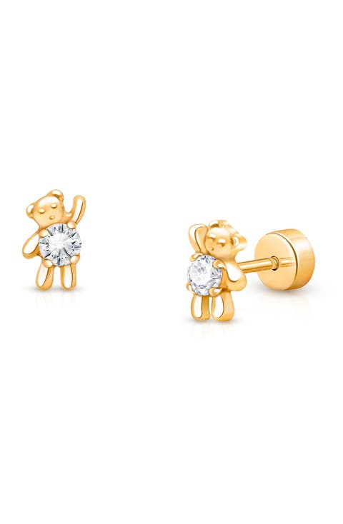 14K Gold on Titanium Baby Bear Stud Screw Back Earrings