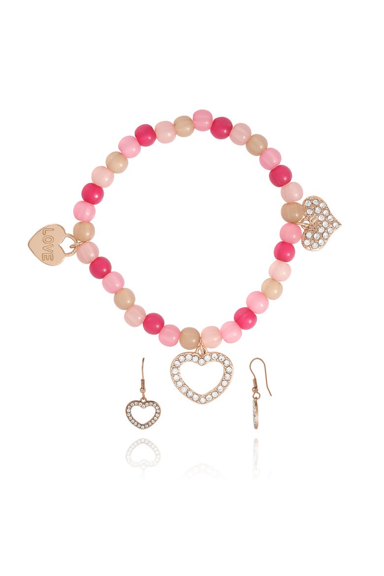 Kids Pink Heart Charm Bracelet & Earrings Set, Main, color, pink, silver, gold