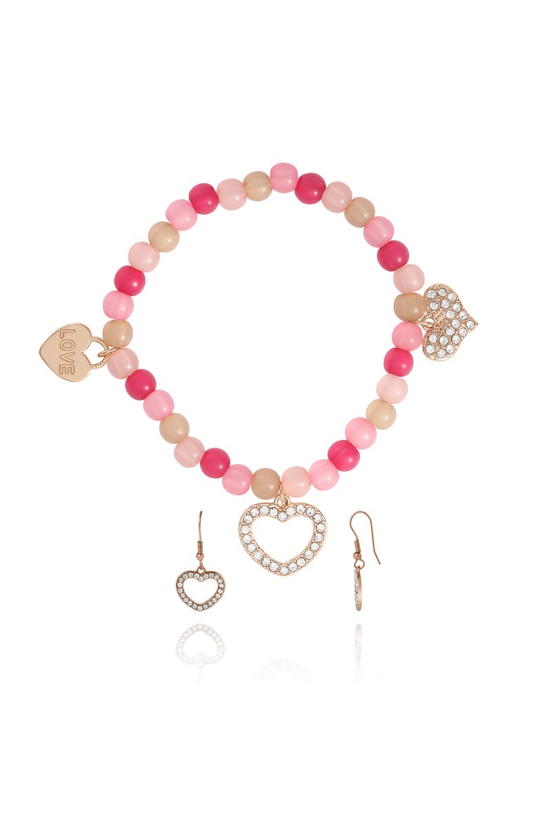 Jessica Simpson Kids Kids Pink Heart Charm Bracelet & Earrings Set, Main, color, Pink, Silver, Gold