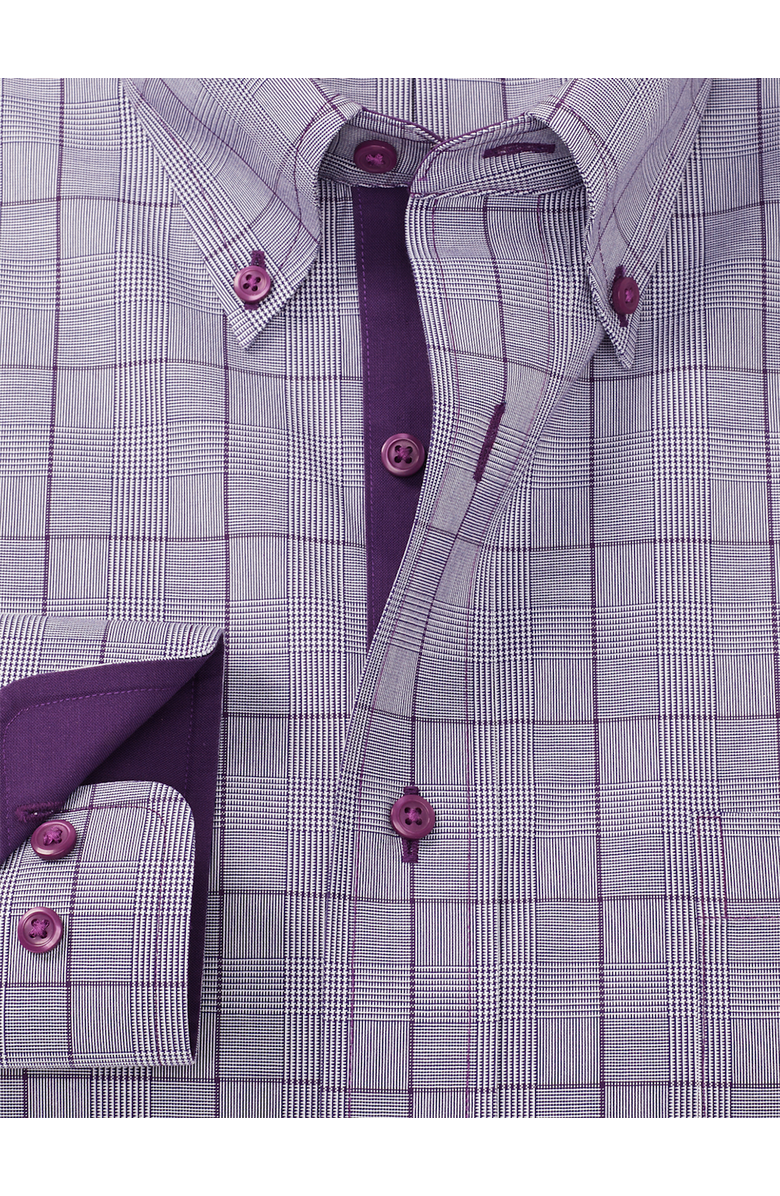 Paul Fredrick Tailored Fit Comfort Stretch Non-iron Glen Plaid Dress Shirt With Contrast Trim, Alternate, color, Purple