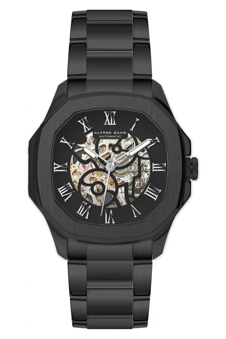 Skeleton Dial Automatic Bracelet Watch, 42mm, Main, color, BLACK/ BLACK