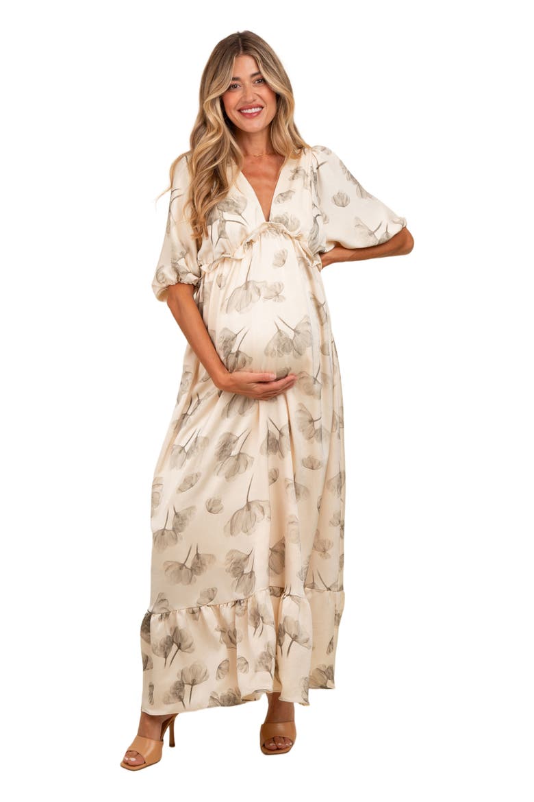 Floral Chiffon Ruffle Accent Maxi Dress, Alternate, color, Cream