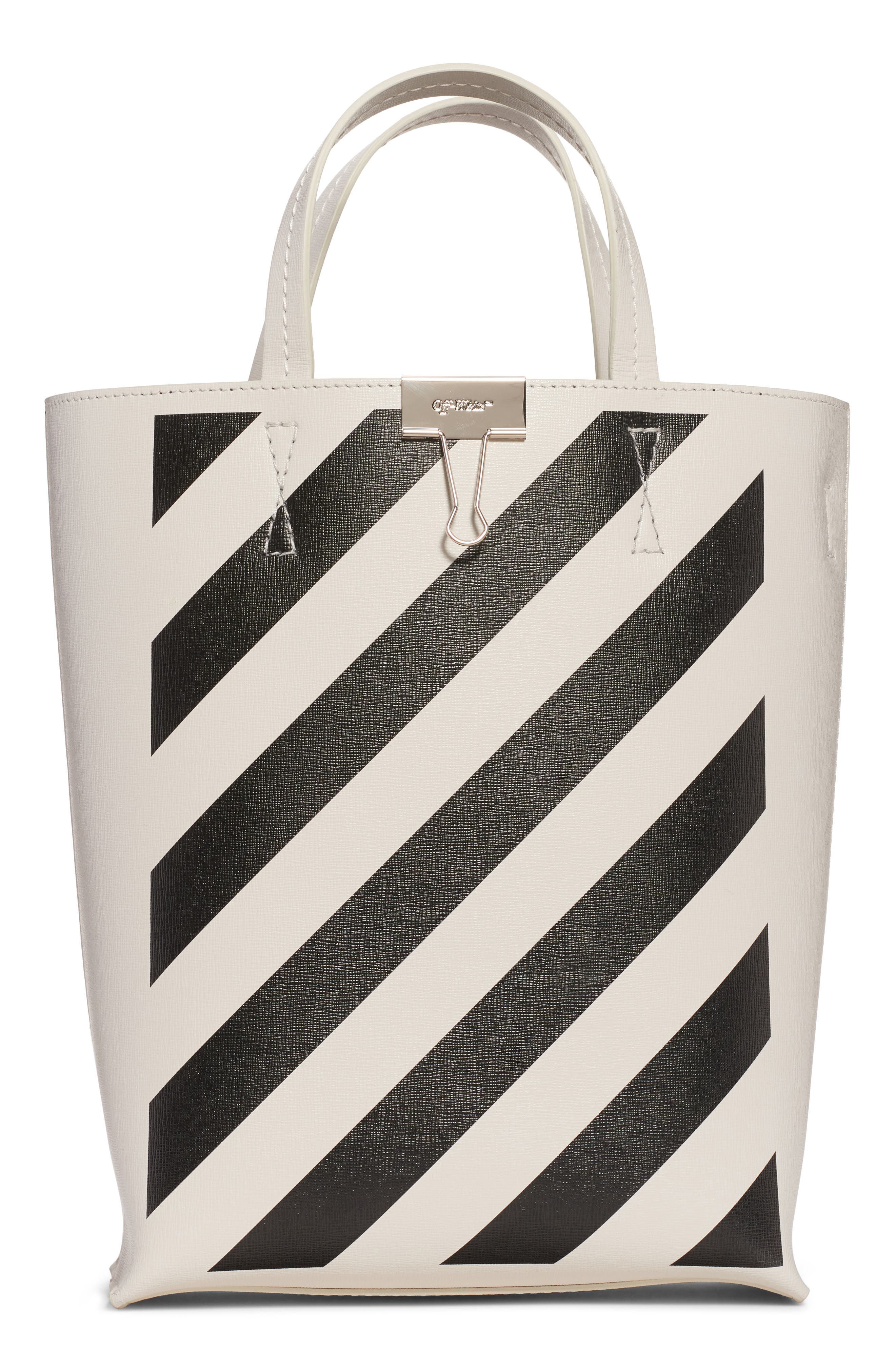 Diagonal Stripe Leather Tote, Main, color, OFF WHITE