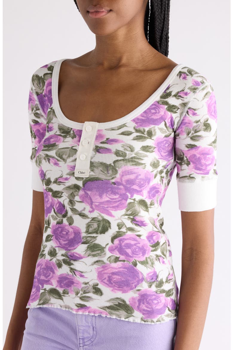 Rose Print Rib Jersey Henley, Alternate, color, WHITE - PURPLE