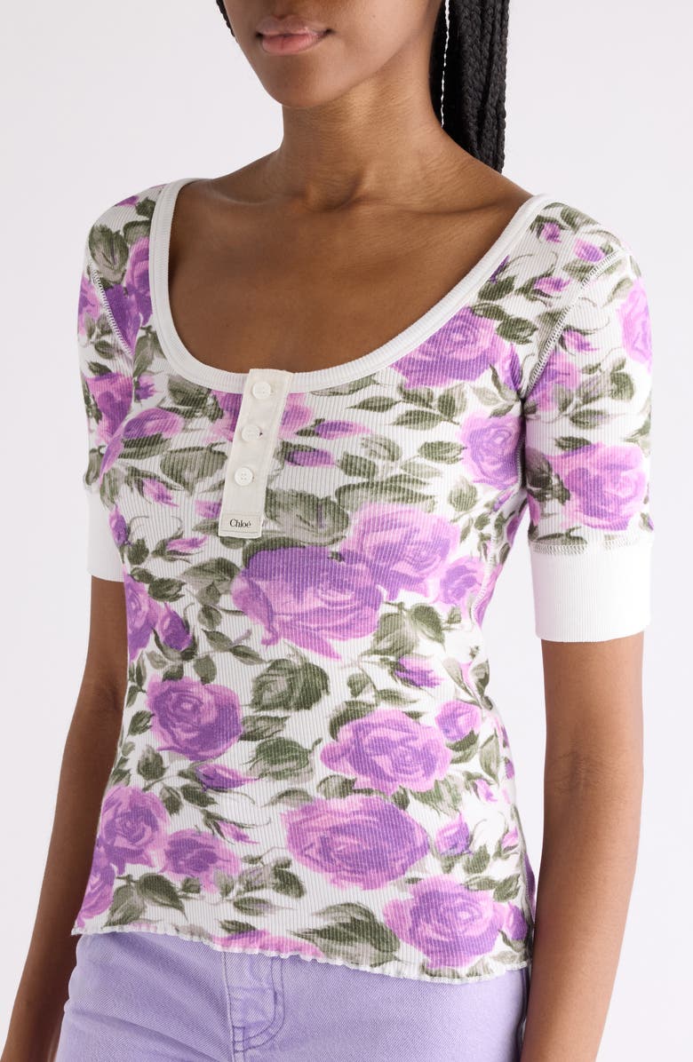 Chloé Rose Print Rib Jersey Henley, Alternate, color, White - Purple