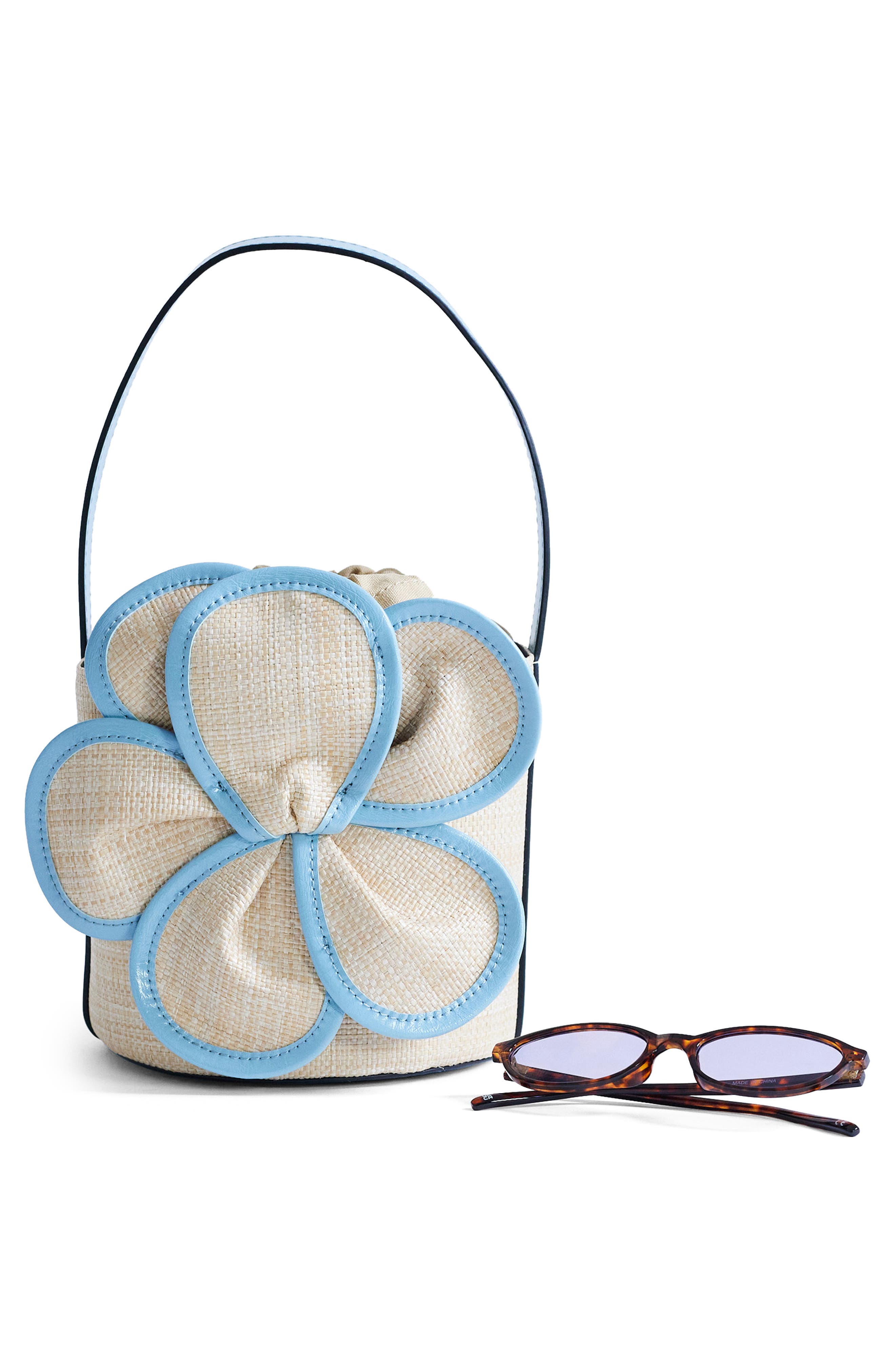 Topshop Medium Gino Straw Flower Bag, Alternate, color, 