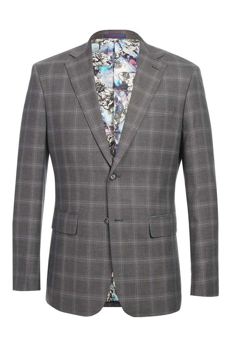 Plaid Trim Fit Notch Lapel Two-Piece Suit, Alternate, color, GRAY