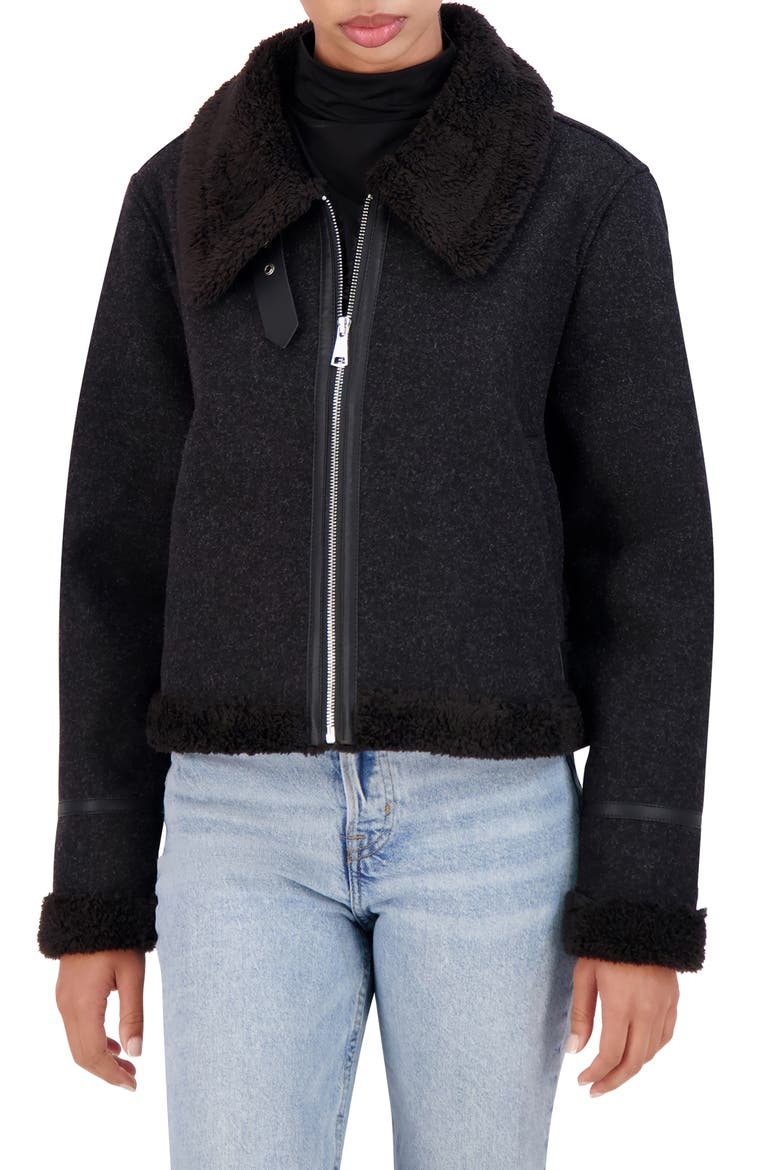 Faux Shearling Trim Faux Wool Moto Jacket, Main, color, BLACK