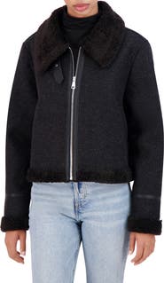 Ookie & Lala Faux Shearling Trim Faux Wool Moto Jacket