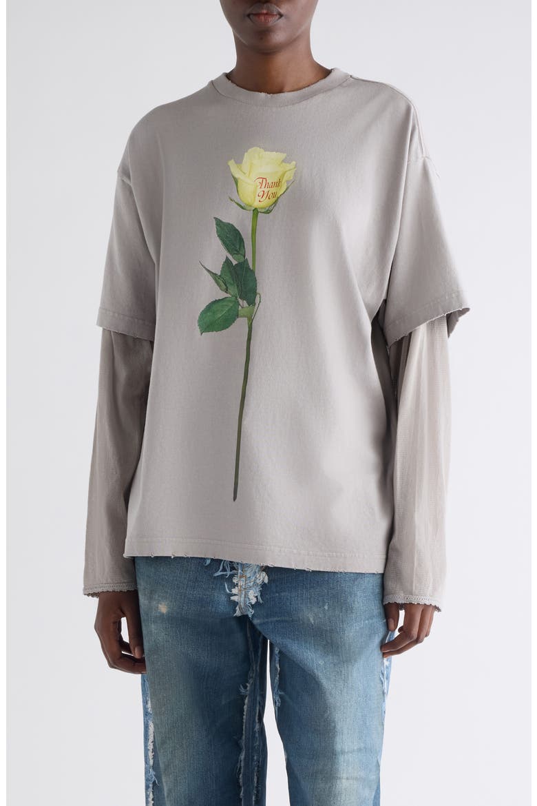 Layered Distressed Long Sleeve Organic Cotton Graphic T-Shirt, Main, color, LIGHT GREY