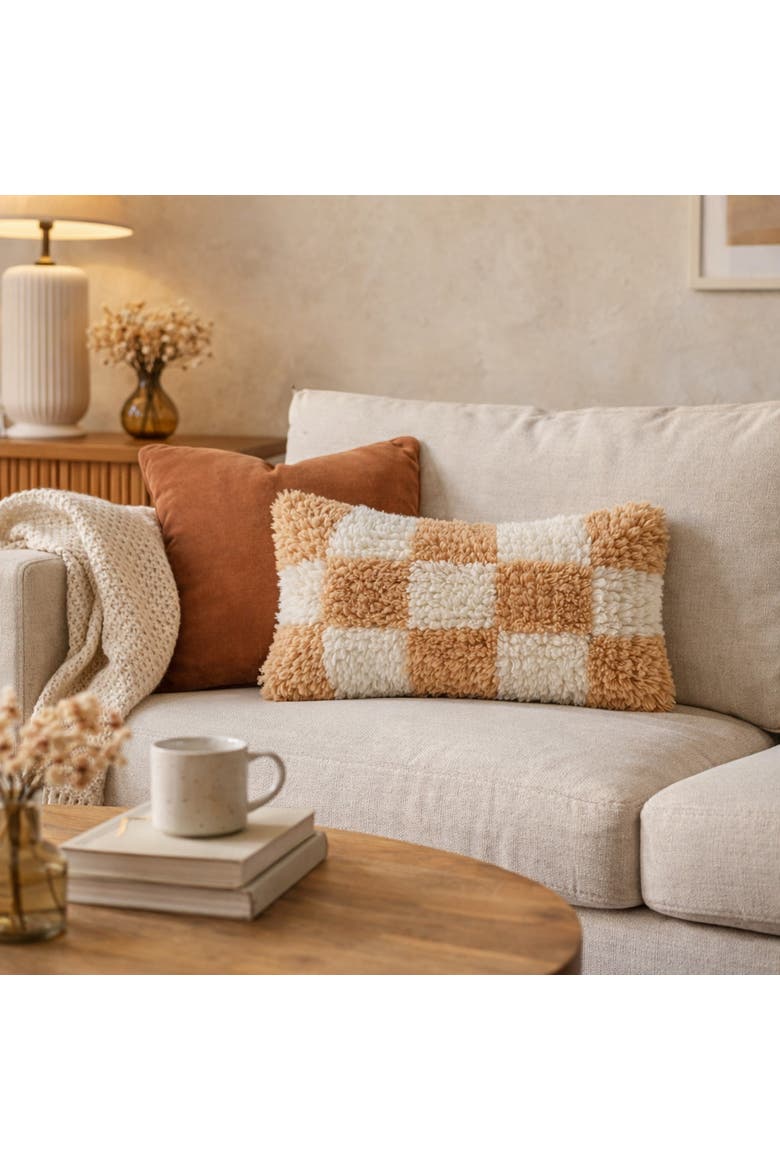 Hand-Woven New Zealand Wool and Cotton Shag Lumbar Pillow with Cotton Back, Cream and Tan, Alternate, color, Multicolor