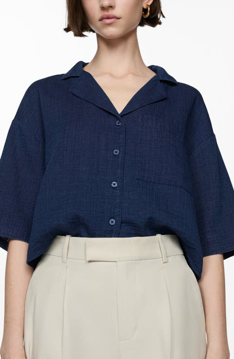 Boxy Elbow Sleeve Cotton Camp Shirt