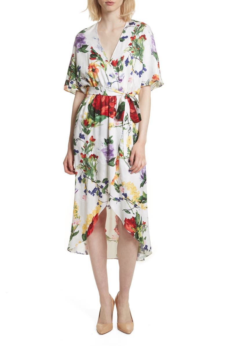 Alice + Olivia Clarine Floral Wrap Midi Dress, Main, color, 