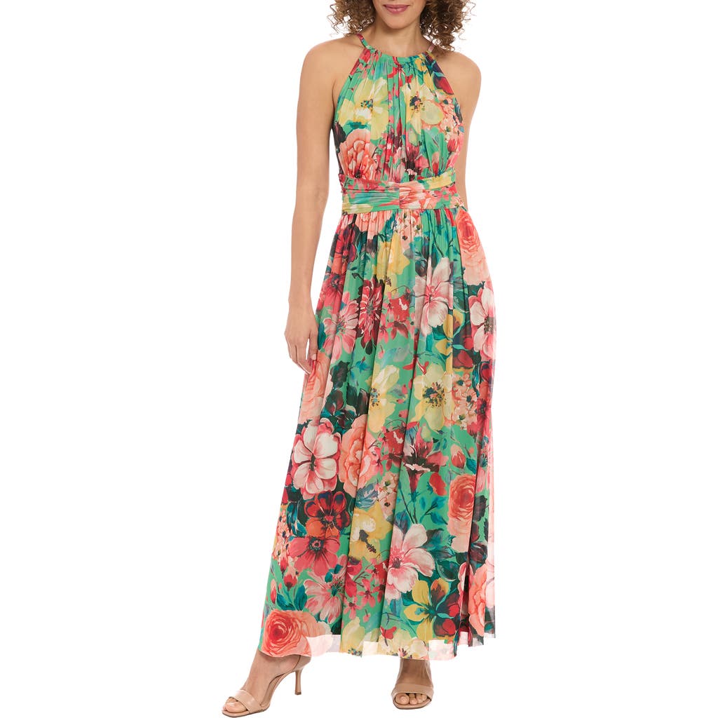 London Times Floral Mesh Maxi Dress in Green/Peach at Nordstrom Rack, Size 8