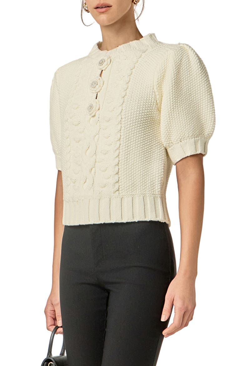 Cable Stitch Puff Sleeve Cardigan, Alternate, color, OFF WHITE