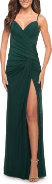 La Femme Net Jersey Long Ruched Gown with Slit and Open Back