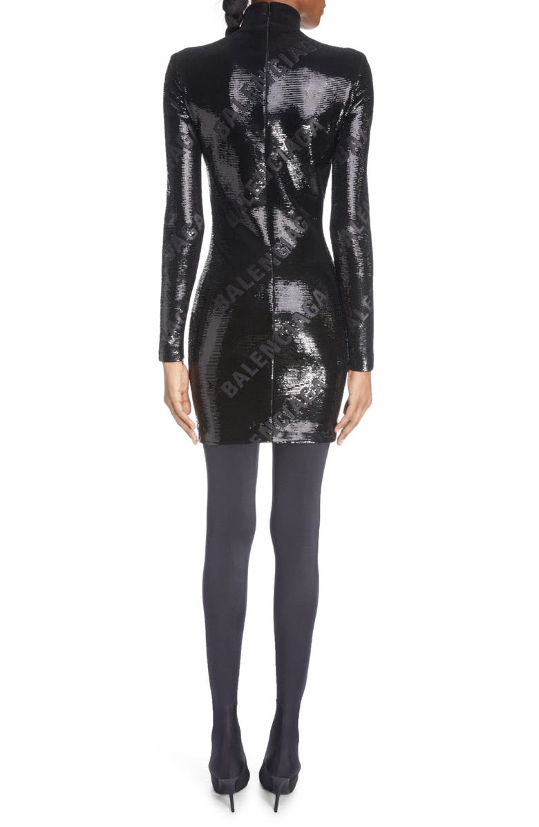 Balenciaga Sequin Logo Long Sleeve Turtleneck Body-Con Dress, Alternate, color, Black/ Black Mat