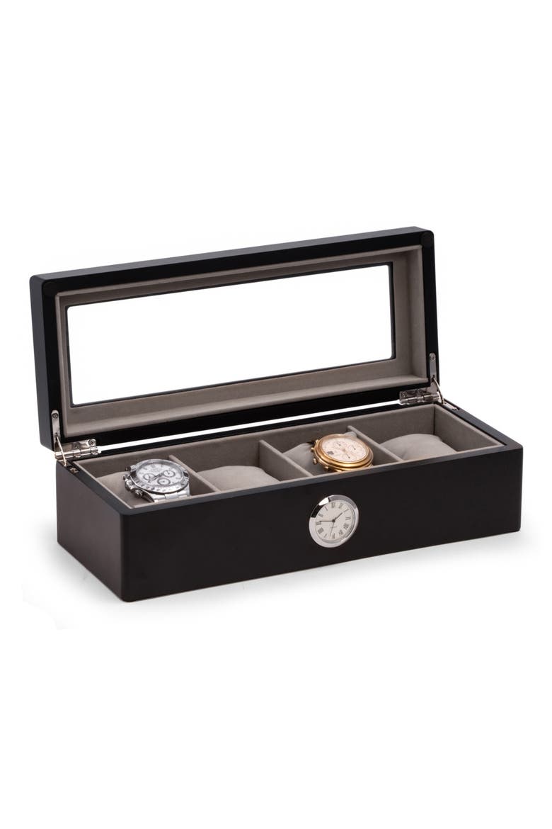 Black Wood 4-Watch Storage Case with Clock, Alternate, color, BLACK