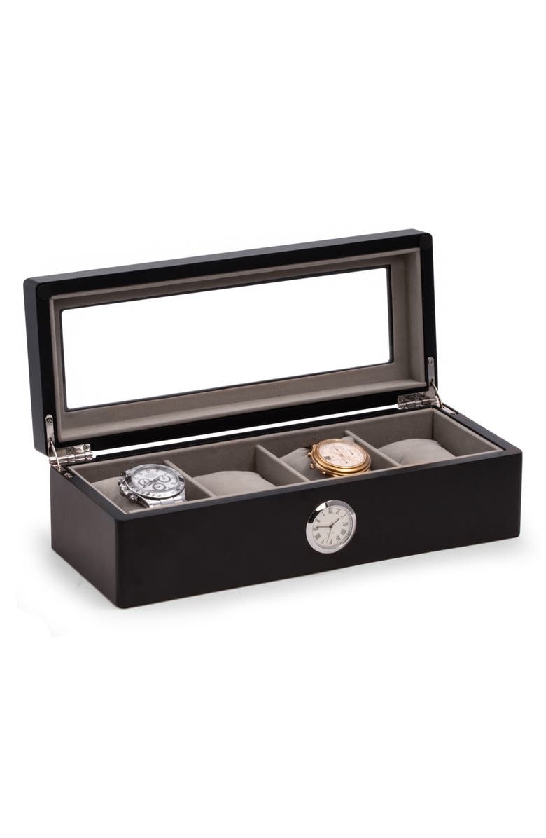 Bey-Berk Black Wood 4-Watch Storage Case with Clock, Alternate, color, Black