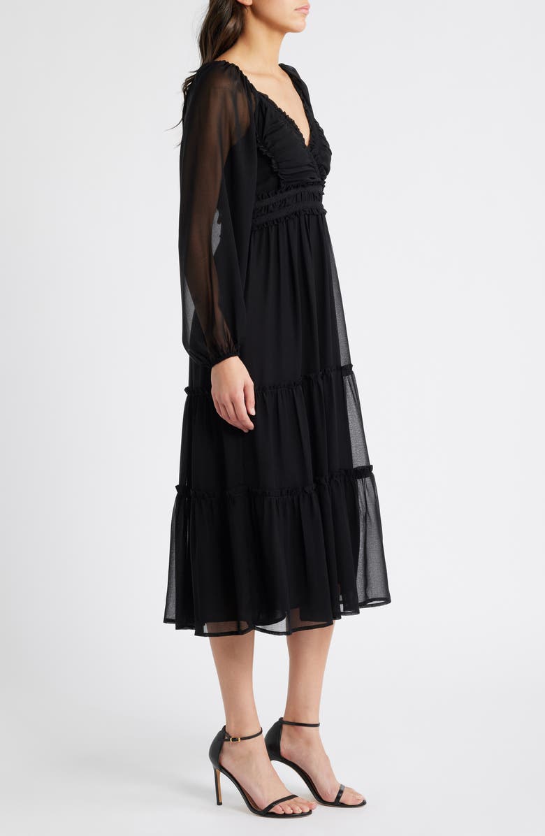 bebe Lace-Up Back Long Sleeve Chiffon Midi Dress, Alternate, color, Black