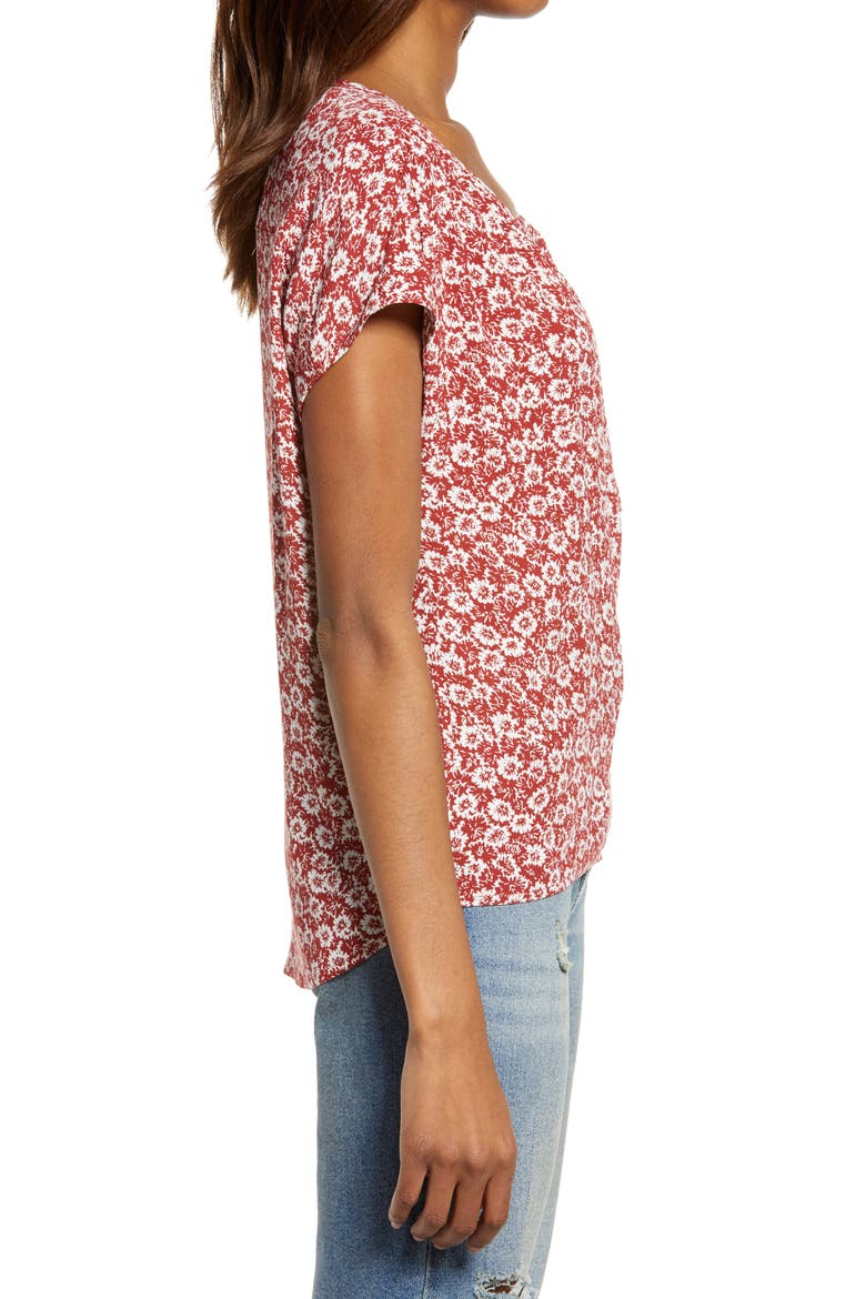 Print Front Button Top, Alternate, color, RED- IVORY SUMMER BLOSSOM