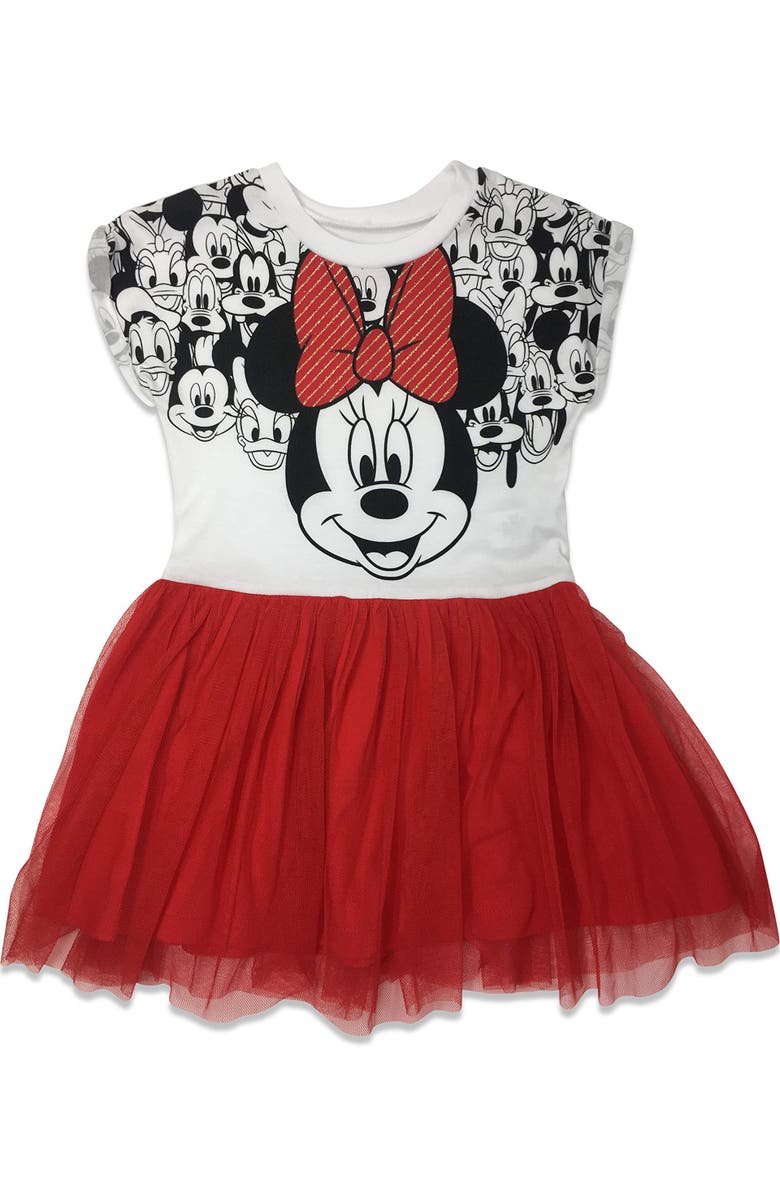 Disney Short Sleeve Tulle Dress, Main, color, Minnie White Red