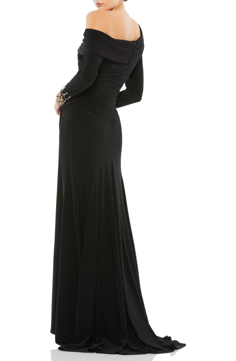Mac Duggal Jeweled Cuff Drop Shoulder Faux Wrap Gown, Alternate, color, Black Multi