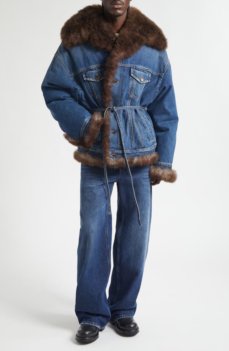 Dolce&Gabbana Genuine Shearling Trim Denim Trucker Jacket, Alternate, color, S9001 Variante Abbinata