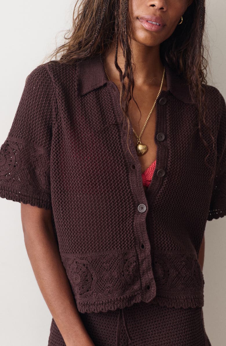 Marine Layer Celtia Mixed Open Stitch Cotton Blend Button-Up Sweater, Alternate, color, Chocolate