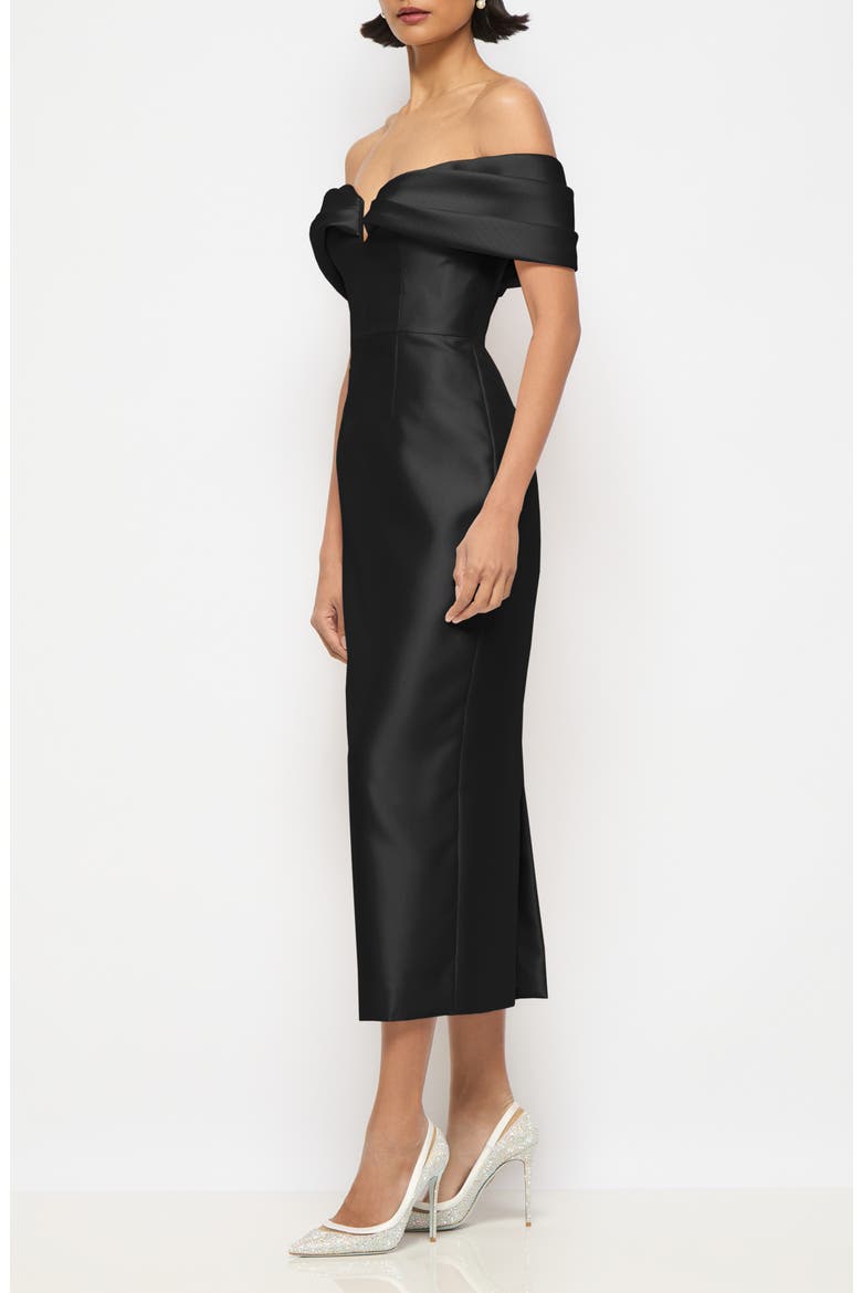 Eliana Off-the-Shoulder Satin Twill Midi Dress, Alternate, color, BLACK