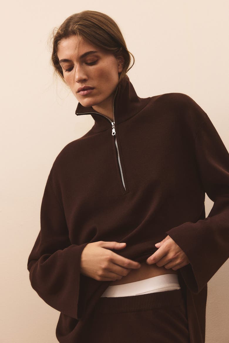 Fine-Knit Half-Zip Sweater, Alternate, color, Dark brown