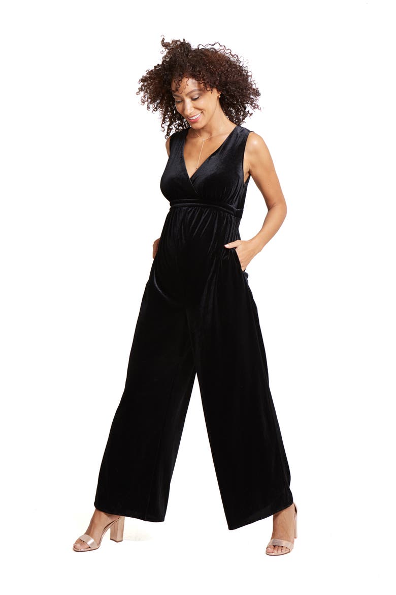 Ingrid & Isabel® Adjustable Waist Velvet Maternity Jumpsuit, Alternate, color, BLACK