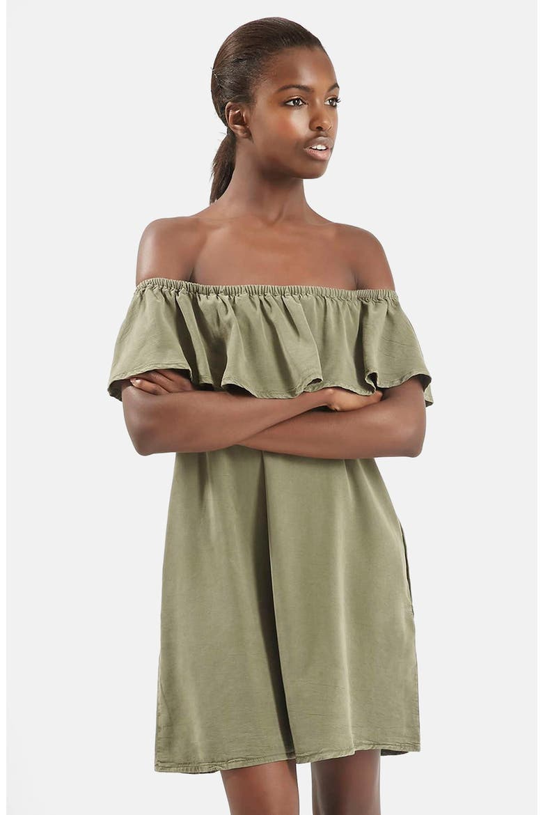 Ruffled Off the Shoulder Dress, Alternate, color, OLIVE