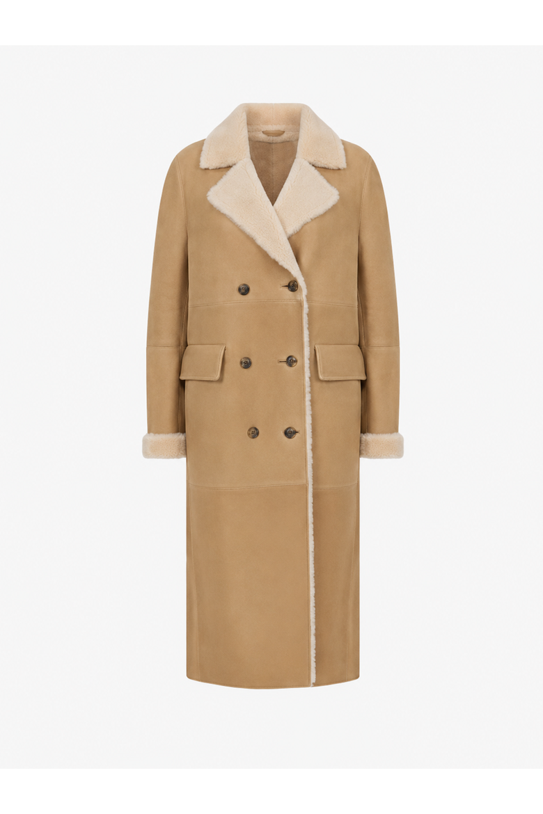 Symphony Merino Shearling Double-Breasted Long Coat, Main, color, Chalk