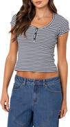 EDIKTED Kady Stripe Short Sleeve Henley Top